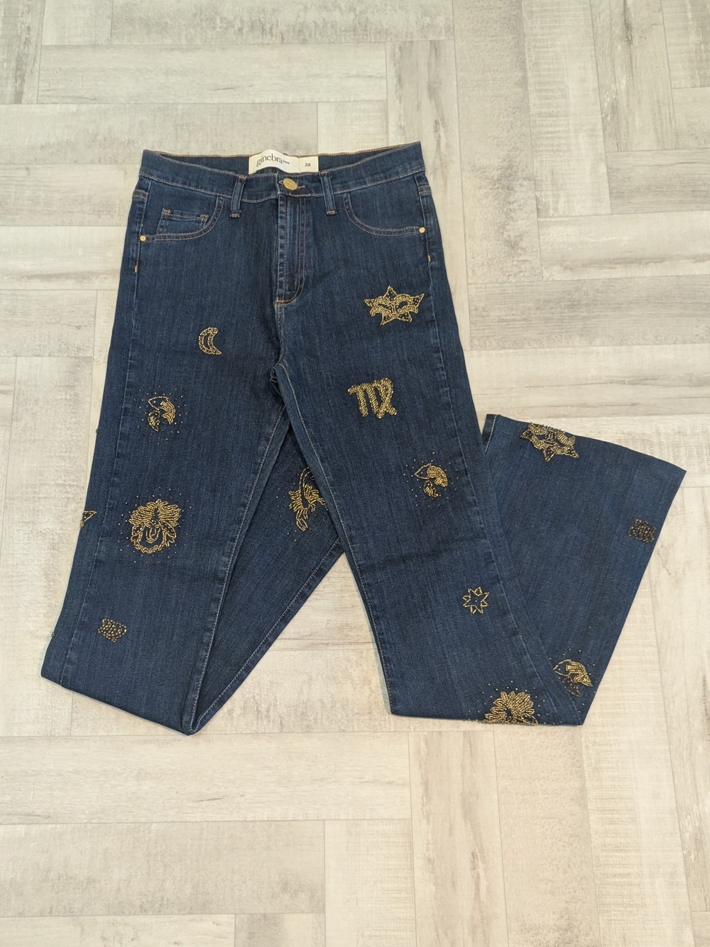 Y2K Celestial Astrology Constellation Gold Beaded Embellished Flare Jeans 28